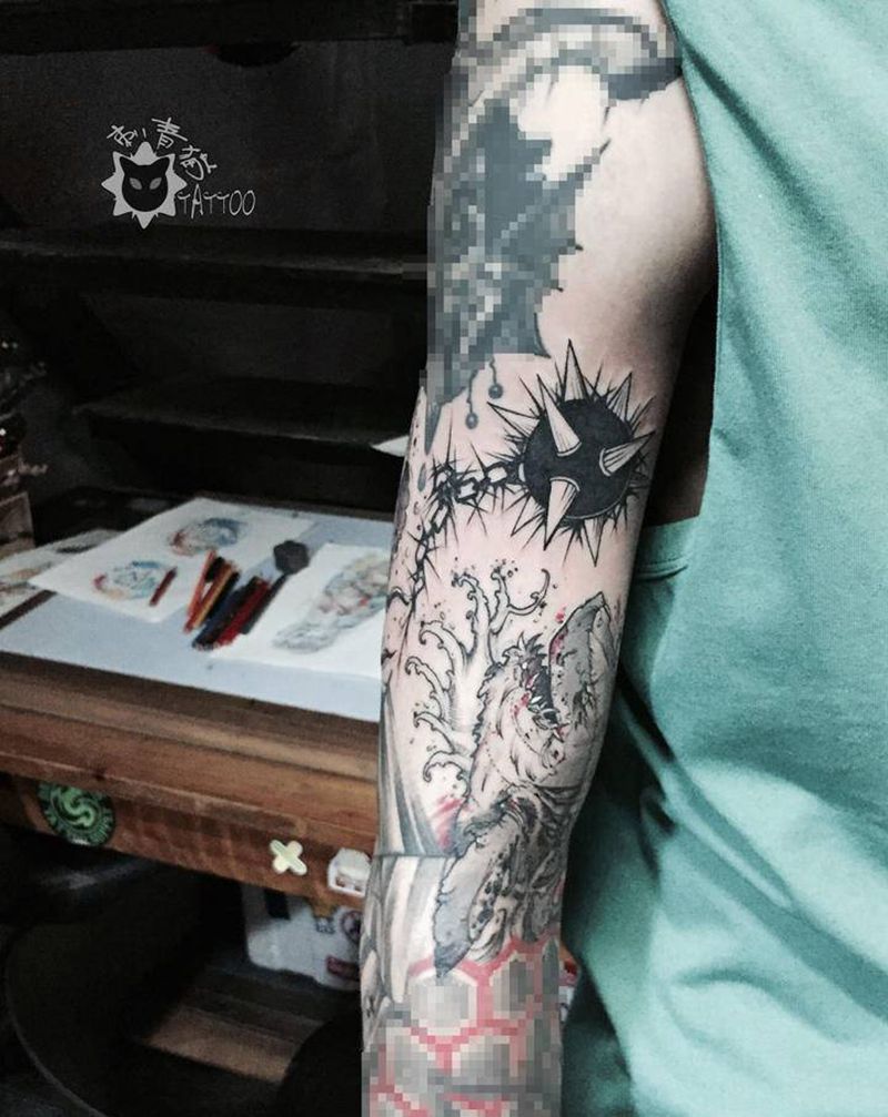 流星锤纹身图片_手部手臂New School点刺武器纹身图案