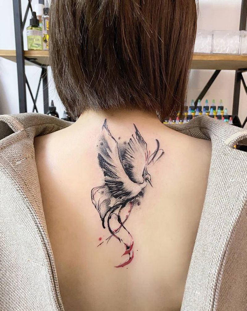 水墨凤凰纹身图片_背部纹身图案