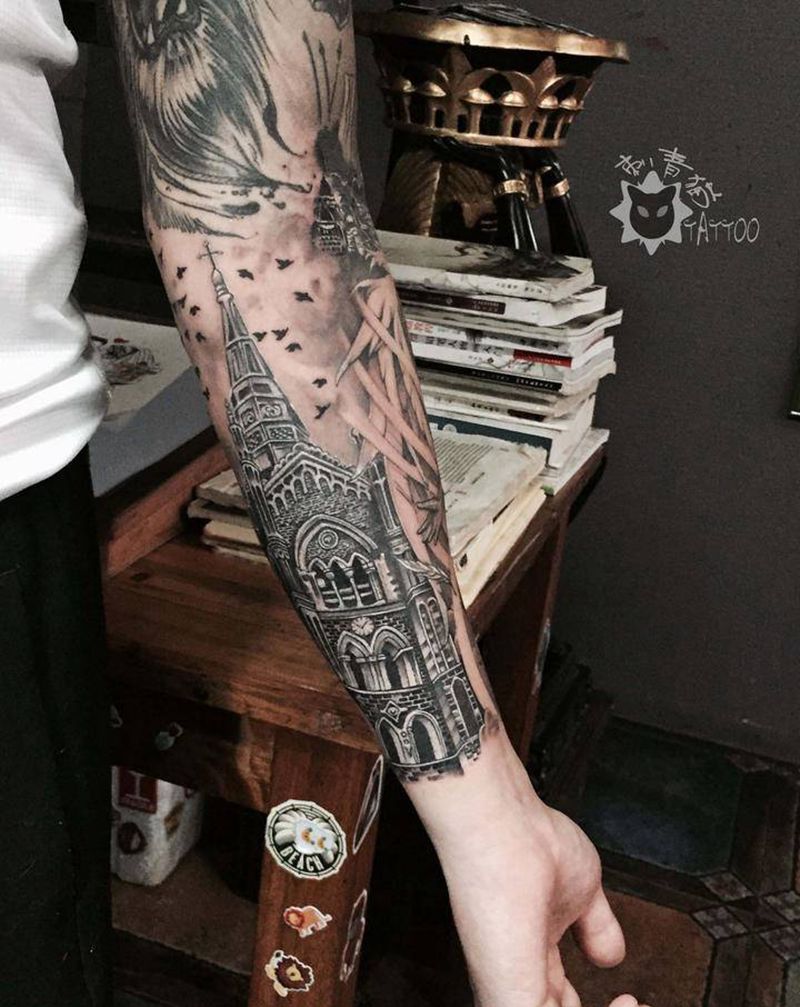 教堂纹身图片_手部手臂欧美写实教堂纹身图案