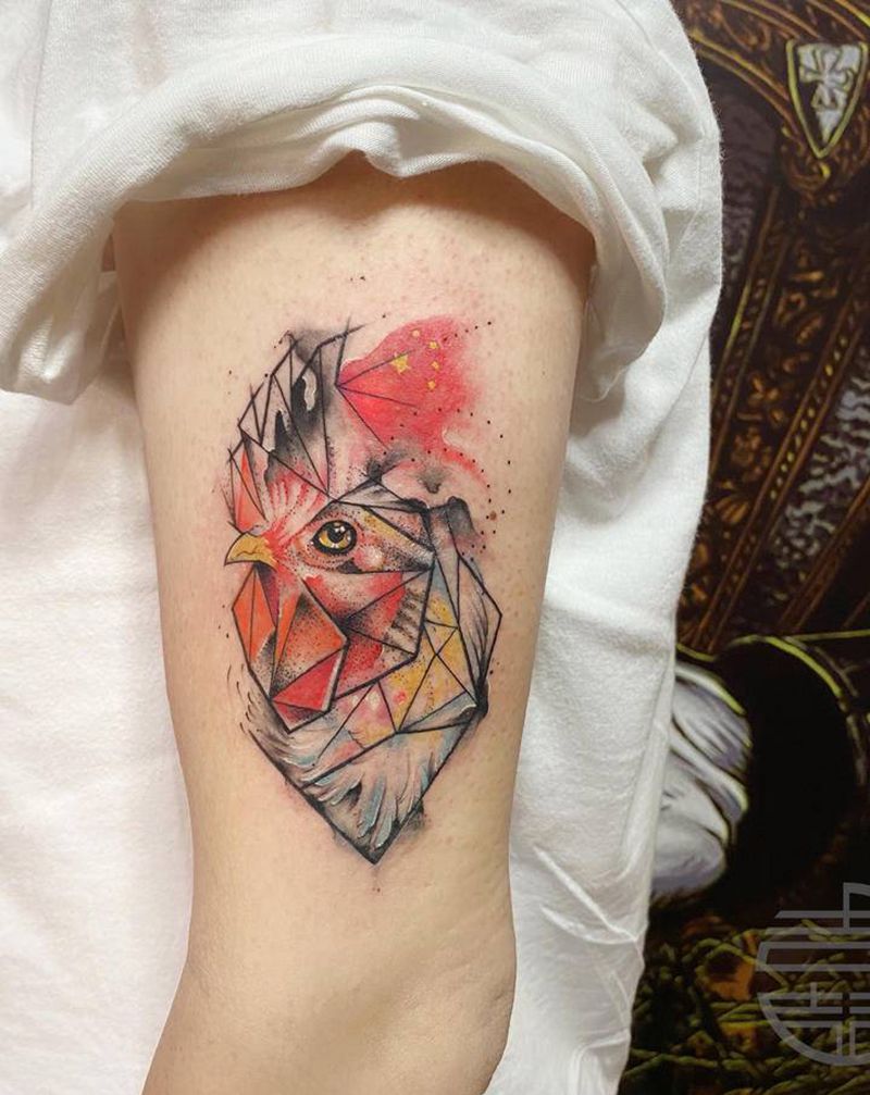 水墨公鸡纹身图片_水彩纹身图案