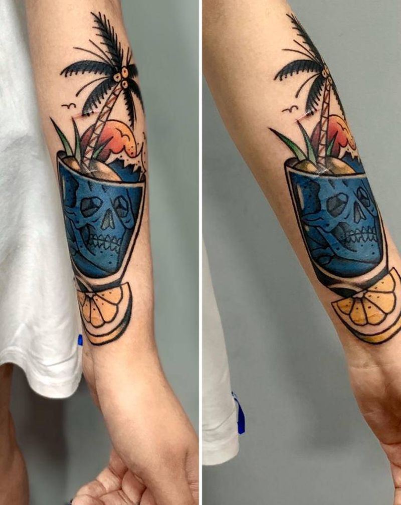 夏天到了喝杯海南的特色饮品纹身图片_手部手臂Old School纹身图案