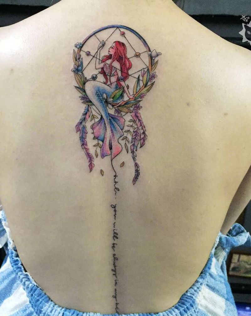 美人鱼纹身图片_背部腰部水彩New School美人鱼捕梦网英文纹身图案