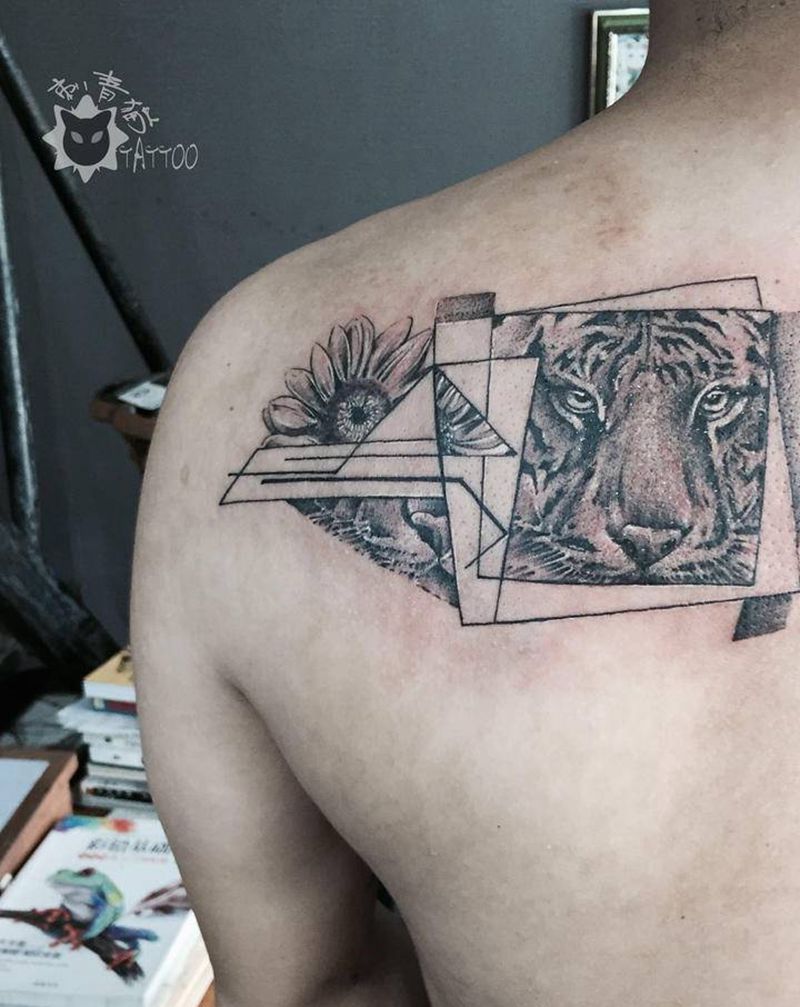 老虎纹身图片_背部肩部点刺几何老虎向日葵纹身图案
