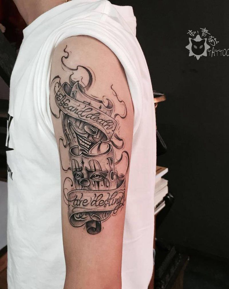 小丑面具纹身图片_手臂手部点刺花体字面具小丑奇卡诺纹身图案