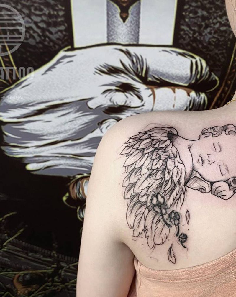 旧图添加 天使纹身图片_肩部纹身图案