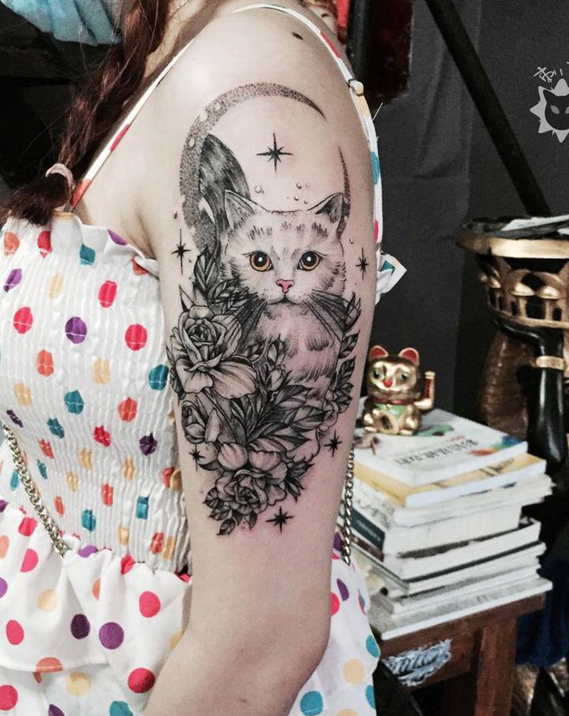 猫咪纹身图片_手部手臂点刺New School猫咪玫瑰宠物纹身图案