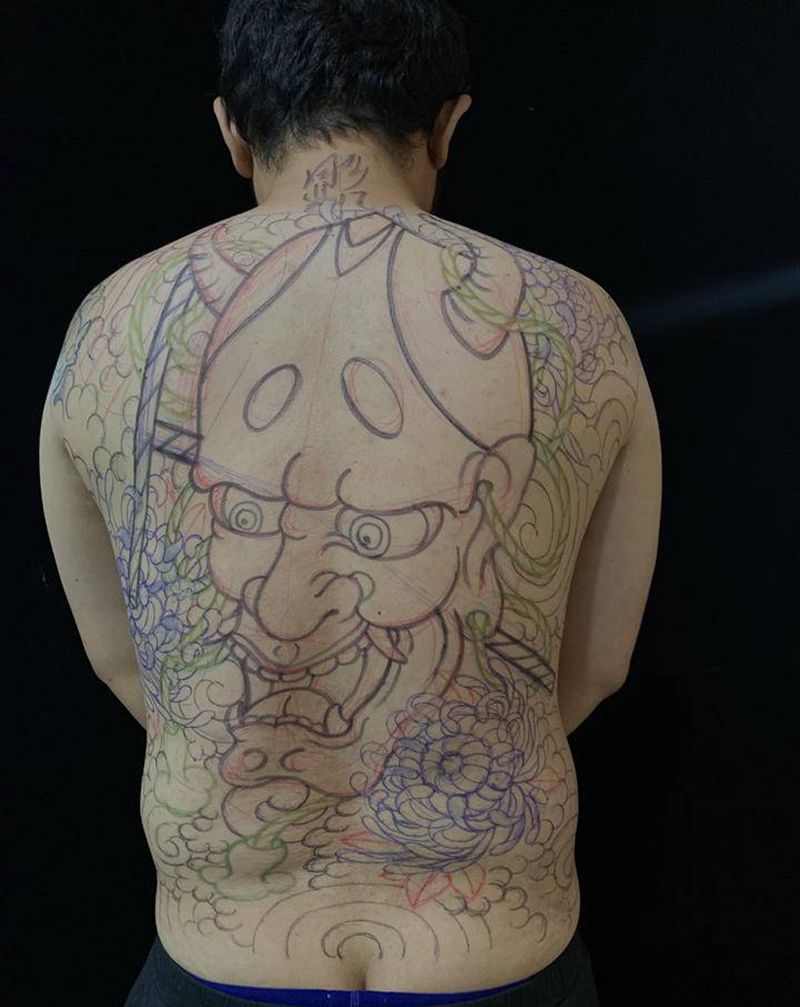 手绘满背大般若纹身图片_背部老传统纹身图案