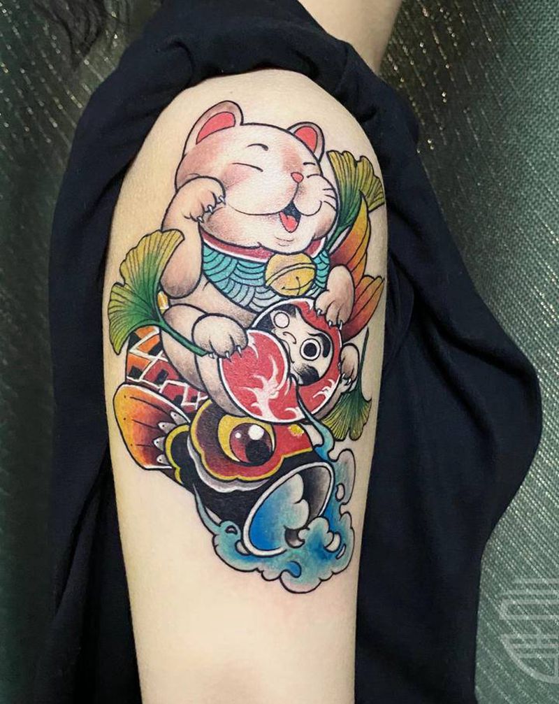 招财猫纹身图片_手臂纹身图案