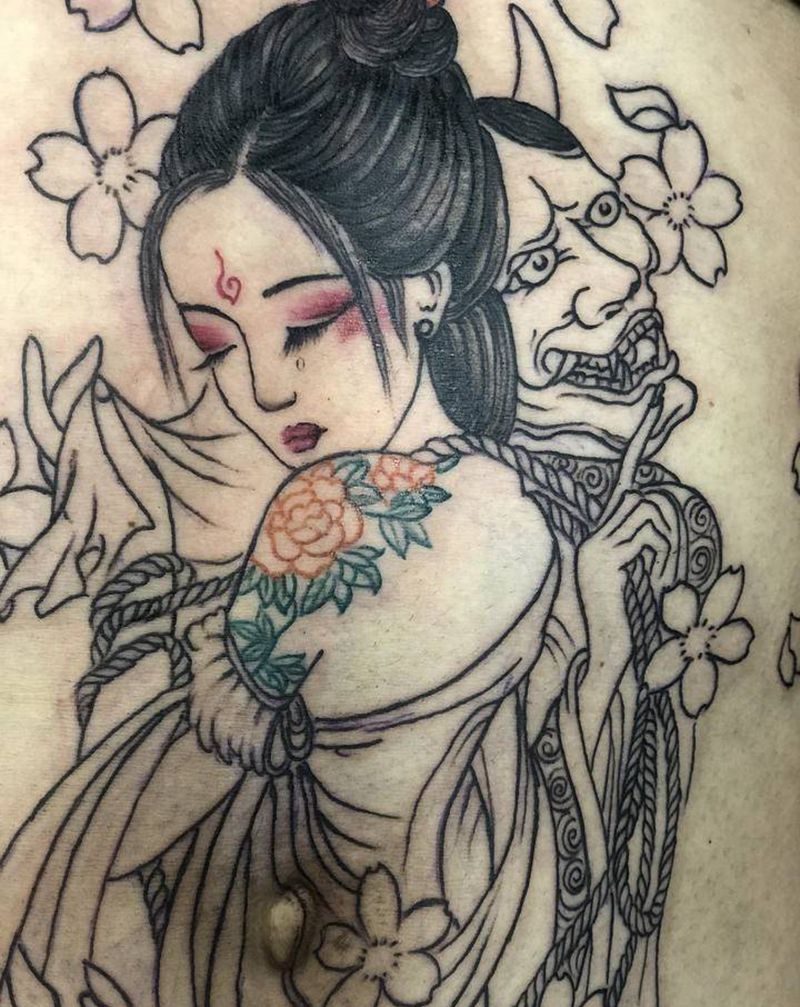 美人与般若纹身图片_腹部纹身图案