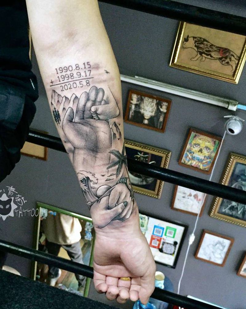 山盟海誓.父爱如山.纹身图片_手臂手部欧美写实亲子父爱家庭纹身图案