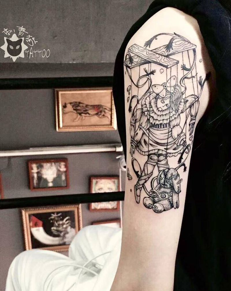 提线木偶纹身图片_手部手臂点刺New School木偶兔子暗黑纹身图案