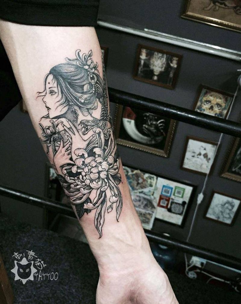 艺伎纹身图片_手部手臂新传统老传统艺伎艺妓菊花纹身图案