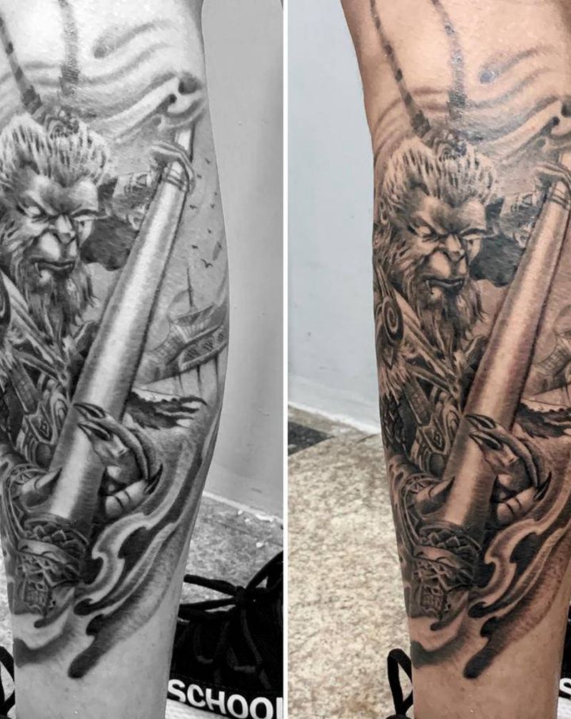 【猴】纹身图片_脚部腿部新传统纹身图案