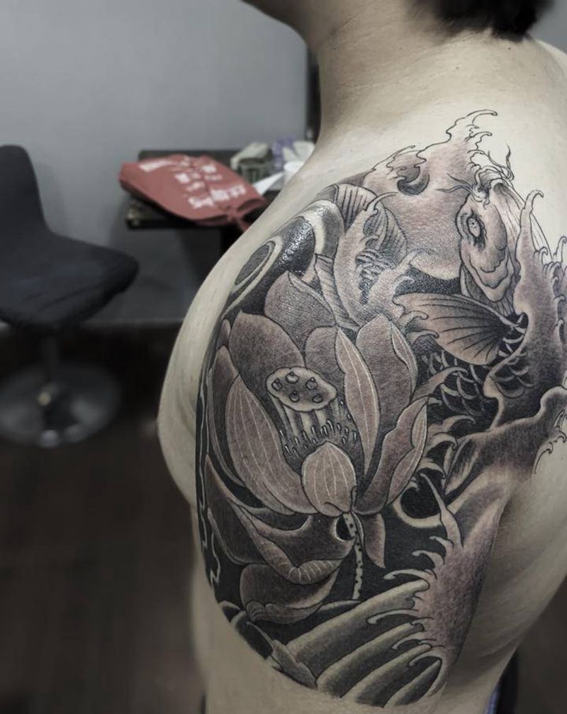 【荷花.锦鲤】纹身图片_手部背部新传统老传统纹身图案