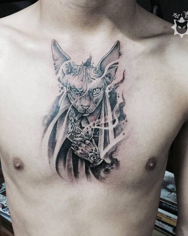 斯芬克斯纹身图片_胸部欧美写实New School猫咪斯芬克斯纹身图案