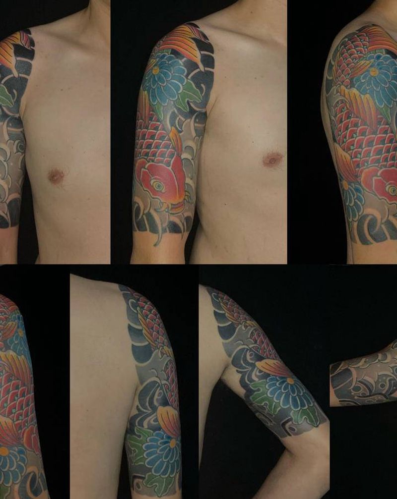 日式大鲤鱼遮盖狼头纹身图片_老传统纹身图案