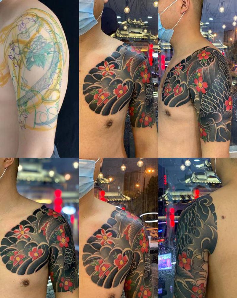 遮盖皮皮虾纹身图片_手臂胸部老传统纹身图案