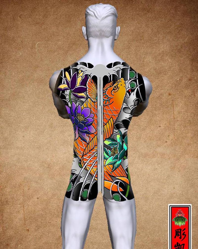 鲤鱼满背手稿纹身图片_背部老传统纹身图案