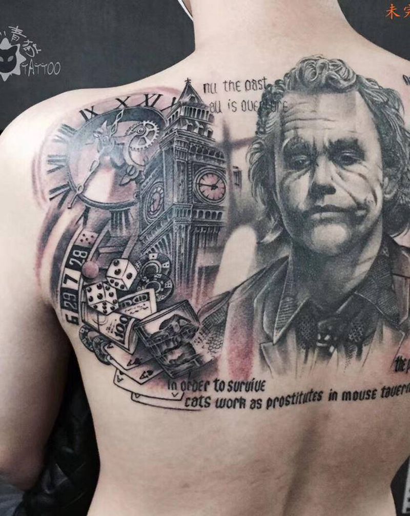 小丑.希斯莱杰纹身图片_背部欧美写实小丑钟楼酒杯纹身图案