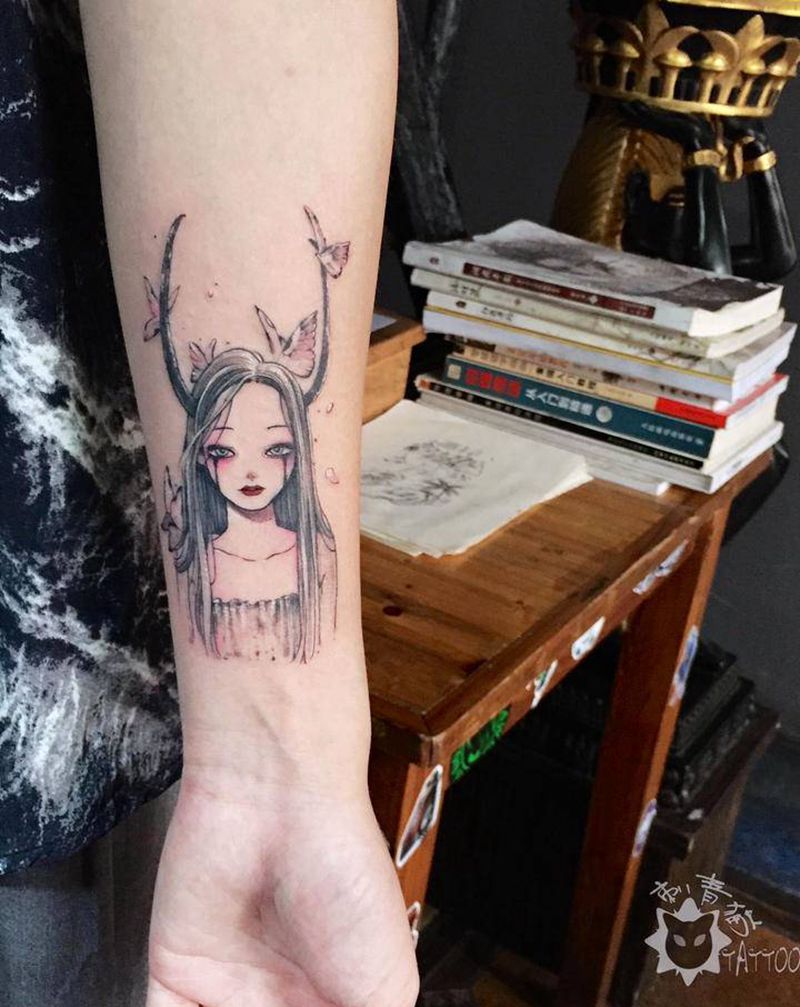 精灵纹身图片_手臂手部水彩水墨精灵小清新纹身图案