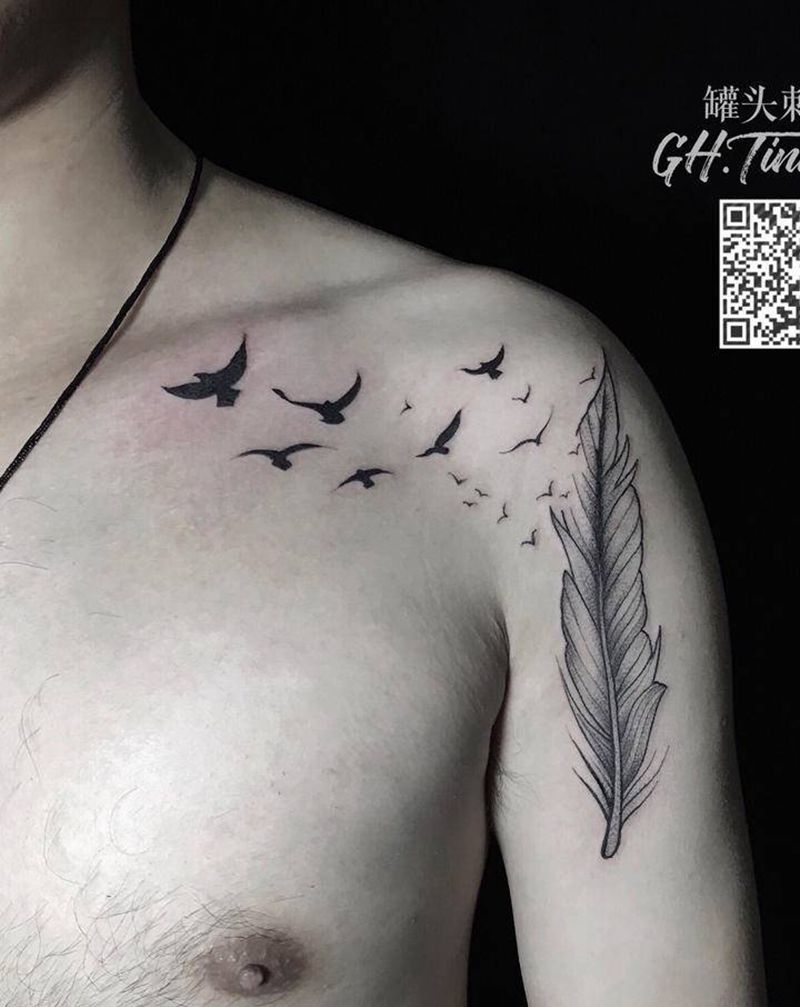 羽毛和海鸥纹身图片_肩部点刺纹身图案