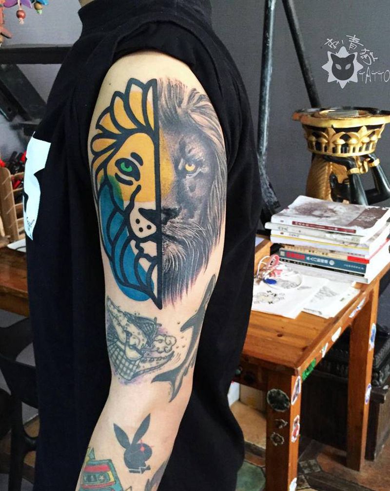 狮子纹身图片_手部手臂水彩几何狮子纹身图案