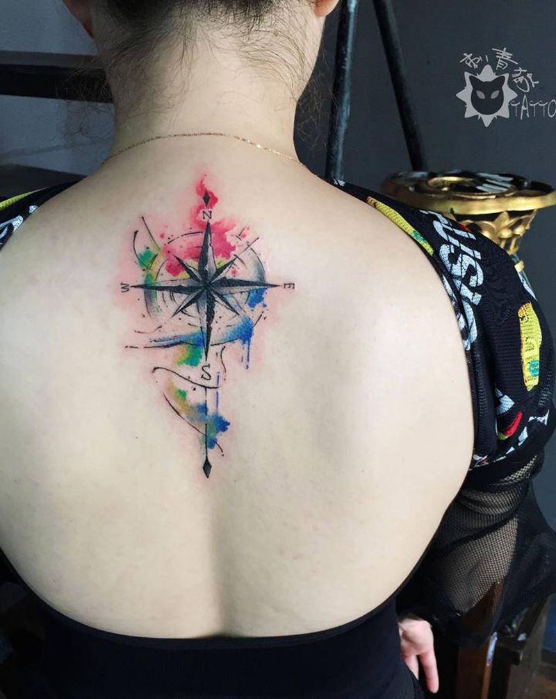 指南针纹身图片_手部手臂水彩几何指南针纹身图案