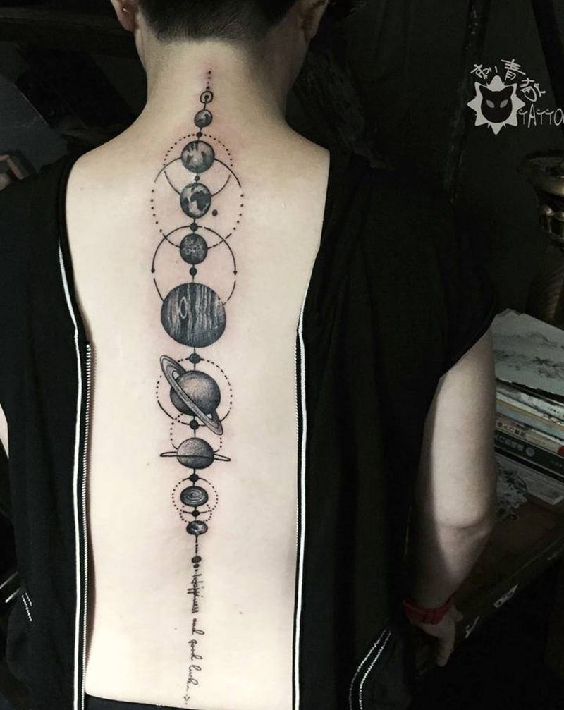 行星纹身图片_背部点刺几何星球行星颈椎纹身图案