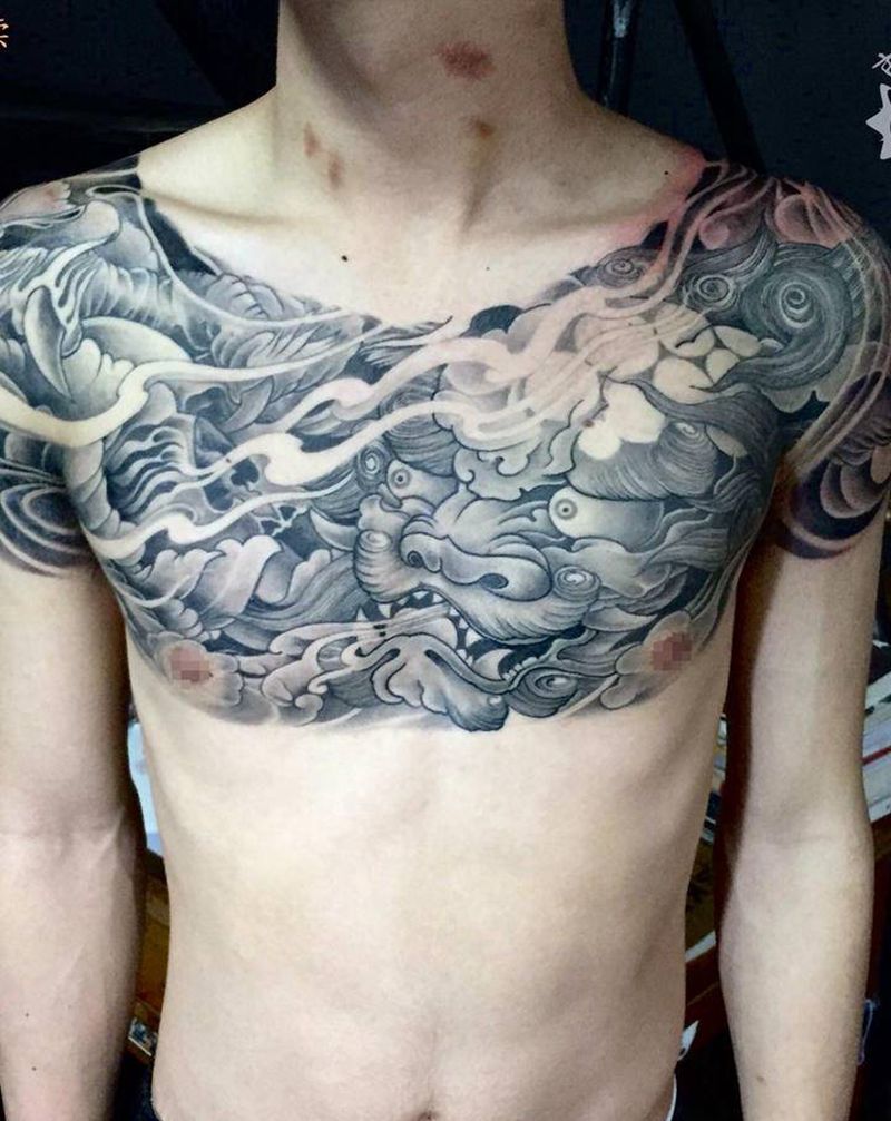 近期未完成的一些作品纹身图片_手部手臂新传统老传统唐狮子花臂龙纹身图案