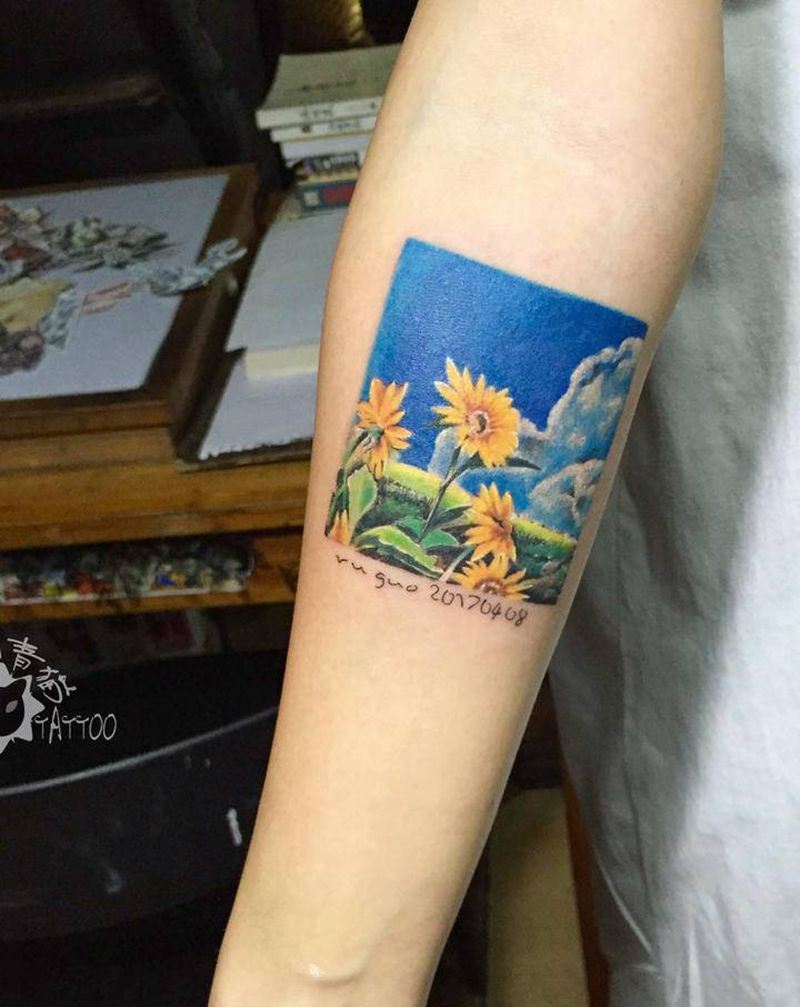 向日葵纹身图片_手部手臂水彩New School向日葵田园小清新纹身图案