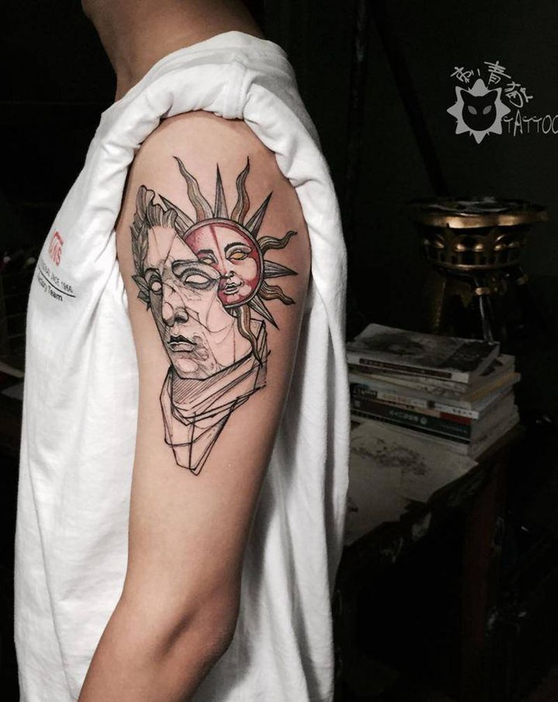 阿波罗纹身图片_手部手臂几何点刺太阳神太阳阿波罗纹身图案