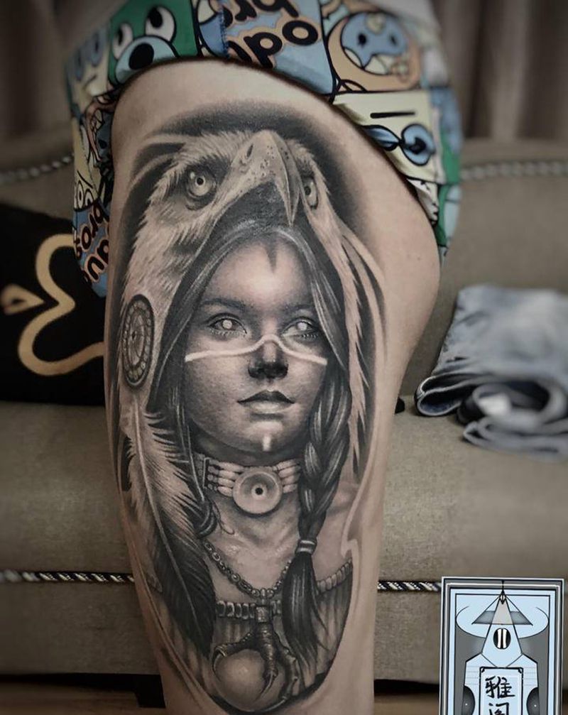 印度女郎纹身图片_腿部欧美写实纹身图案