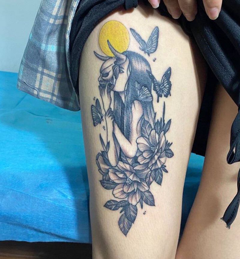 面具纹身图片_腿部点刺纹身图案