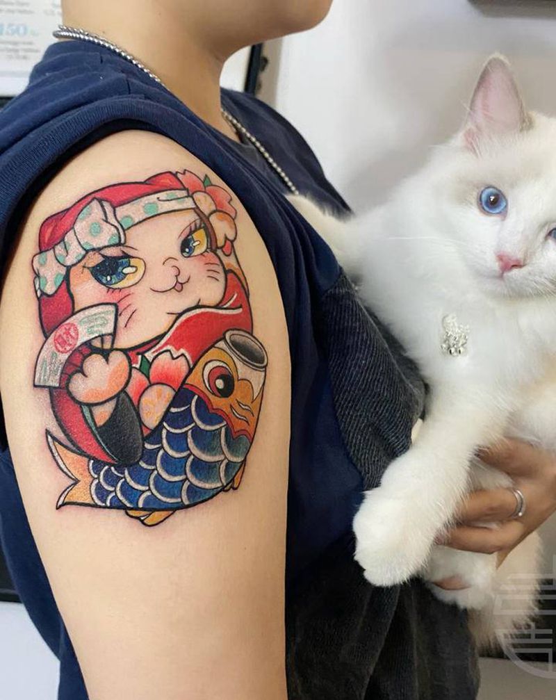 日式猫咪纹身图片_手臂纹身图案