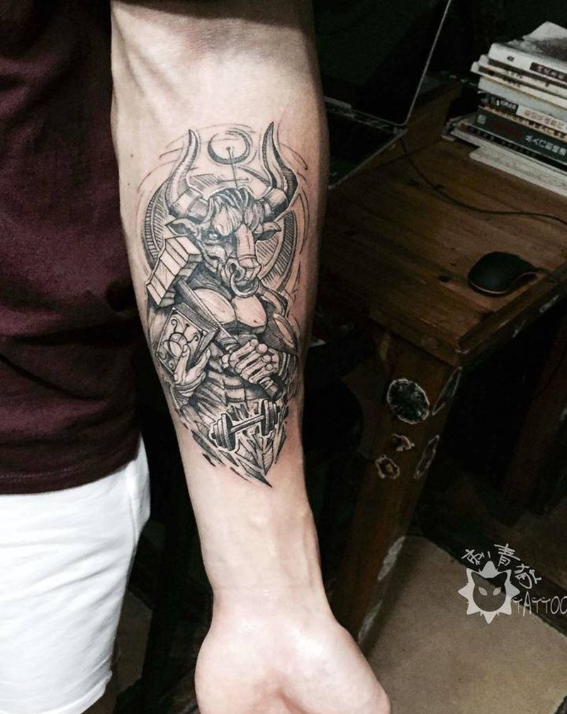 牛纹身图片_手部手臂点刺几何牛纹身图案