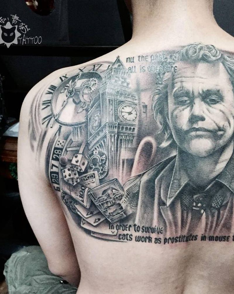 小丑.希斯莱杰纹身图片_背部欧美写实小丑钟楼天使纹身图案
