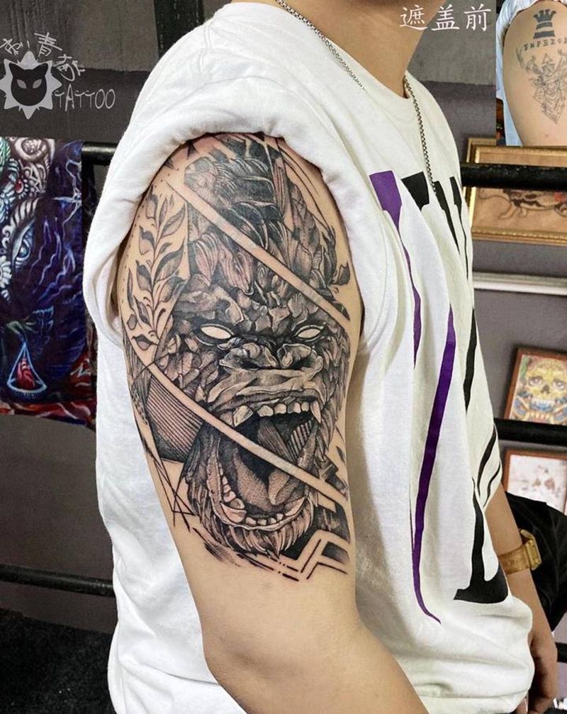 金刚纹身图片_手部手臂几何点刺金刚猩猩遮盖纹身图案