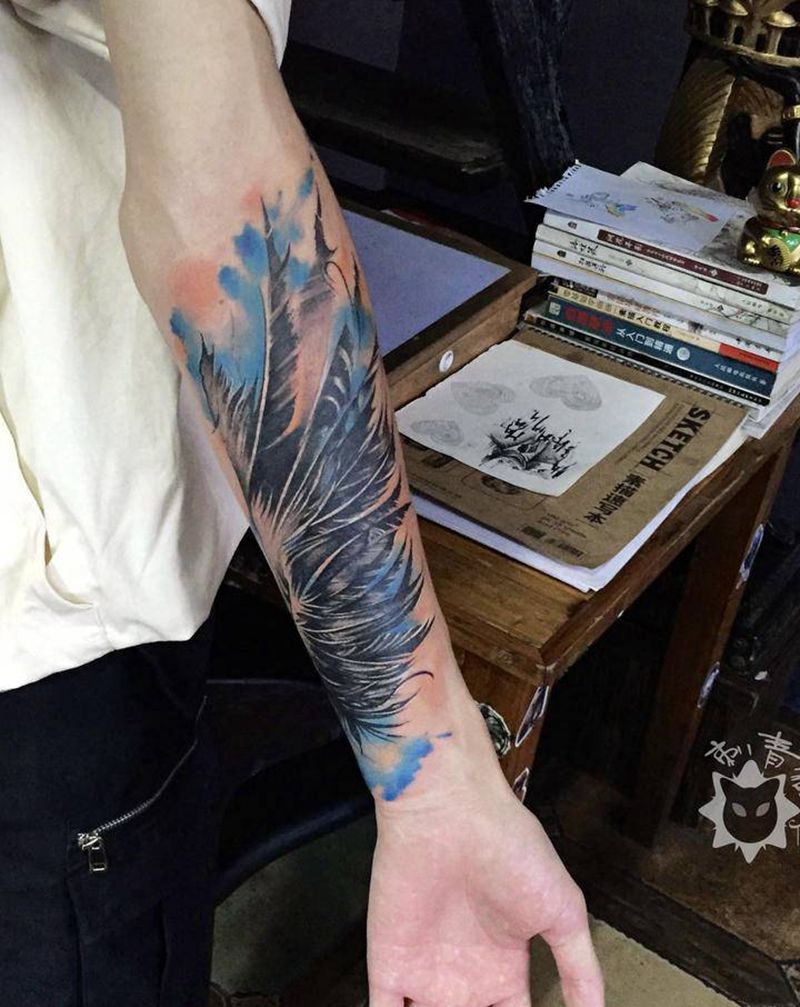 翅膀纹身图片_手部手臂水彩点刺翅膀遮盖纹身图案