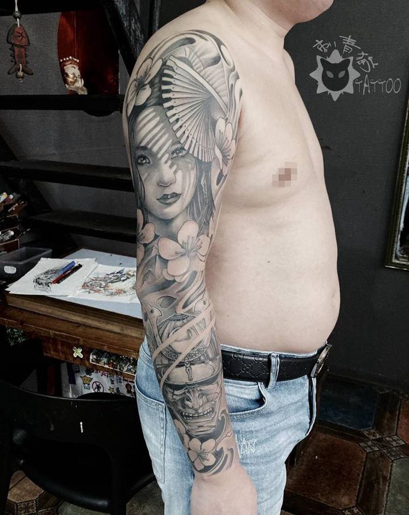 艺伎.鬼武士纹身图片_手部手臂老传统新传统艺伎花臂宝塔纹身图案