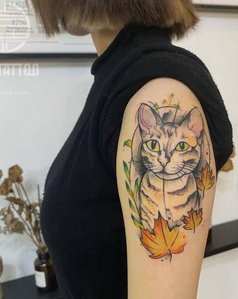 原创水彩猫咪纹身图片_手臂水彩纹身图案