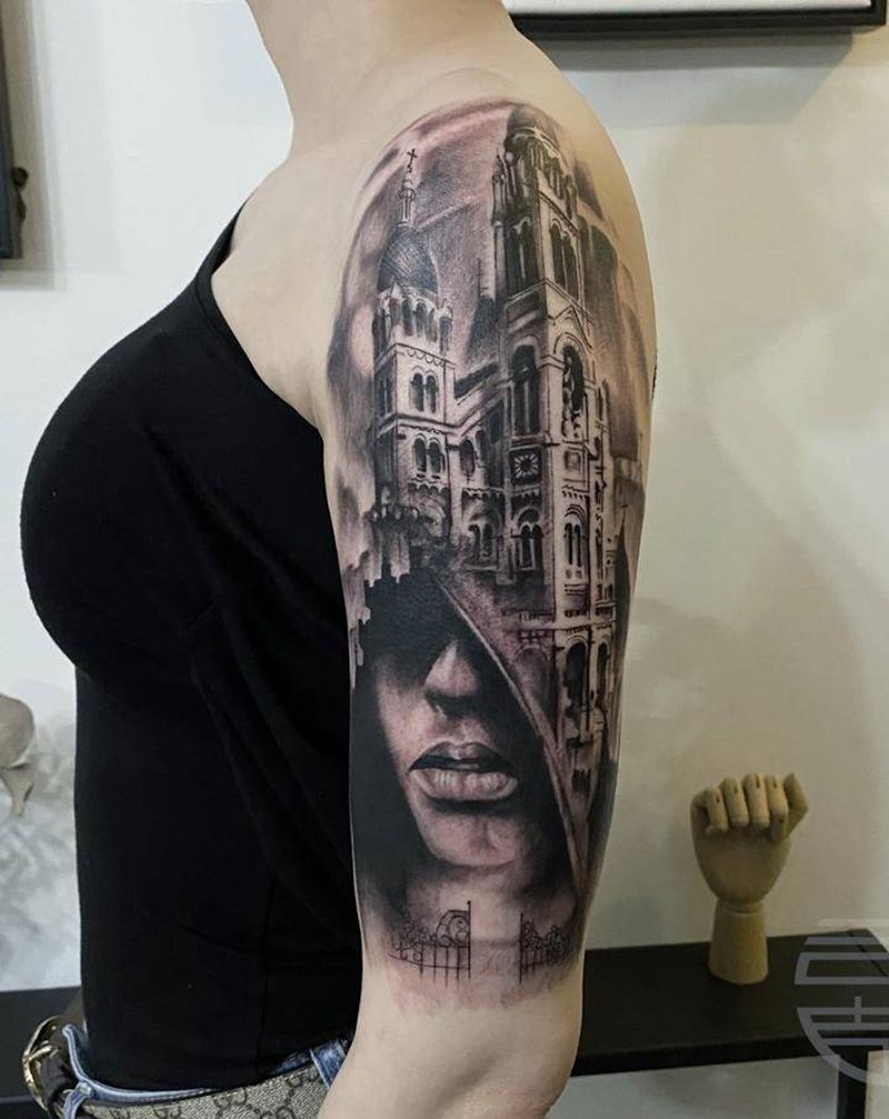 写实人像教堂⛪️纹身图片_手臂欧美写实纹身图案