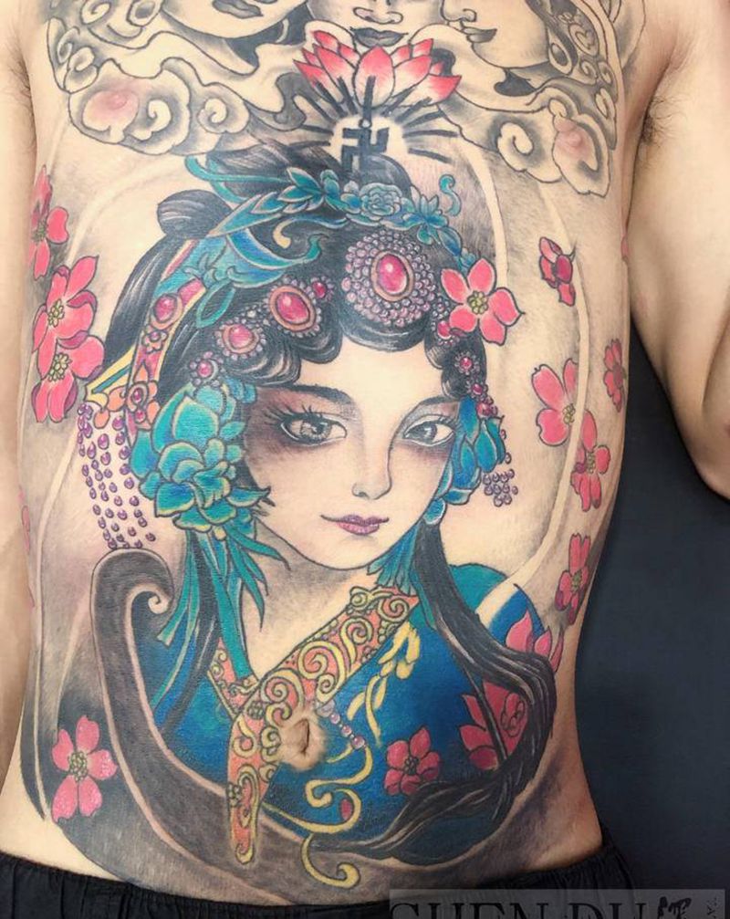 明月纹身图片_腹部新传统纹身图案