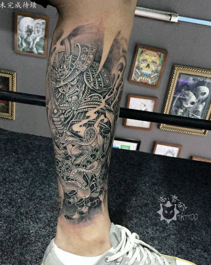 鬼武士.纹身图片_脚部腿部新传统老传统鬼武士菊花蛇纹身图案