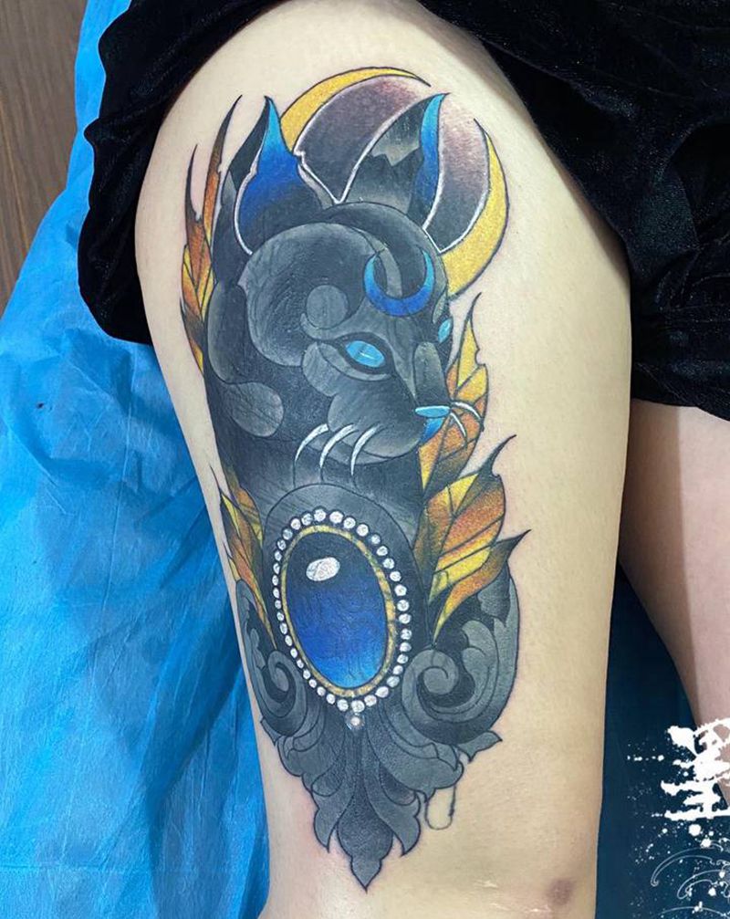 星空猫彩色覆盖纹身图片_腿部脚部New SchoolOld School纹身图案