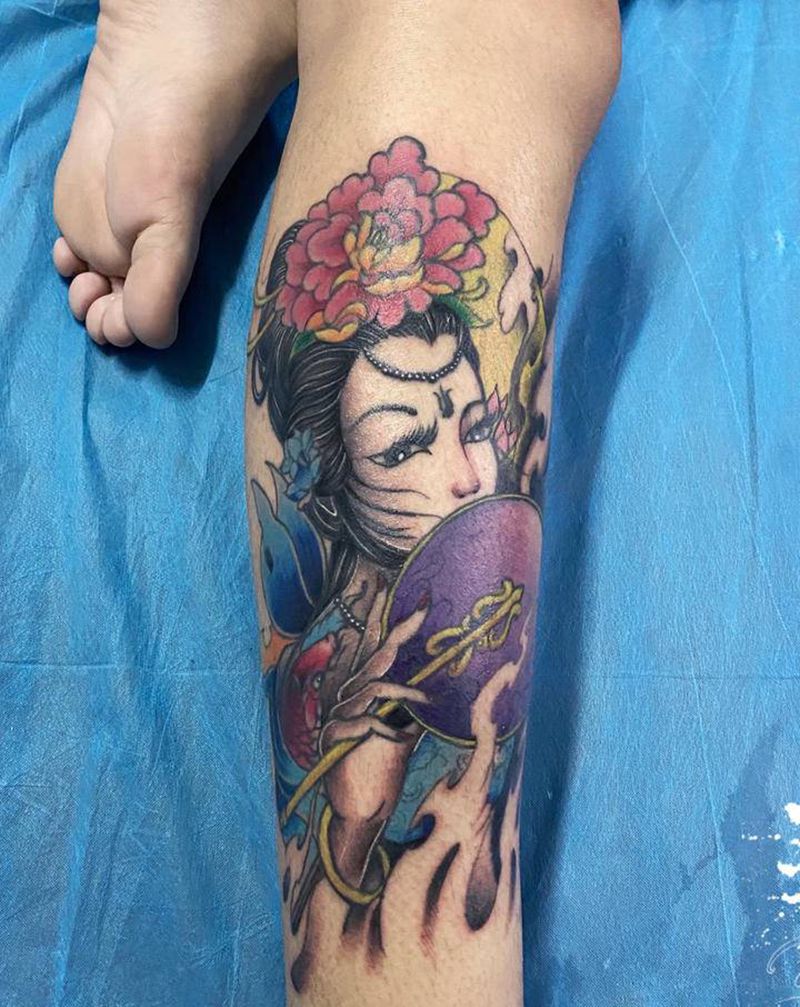 艺妓纹身图片_腿部脚部新传统纹身图案