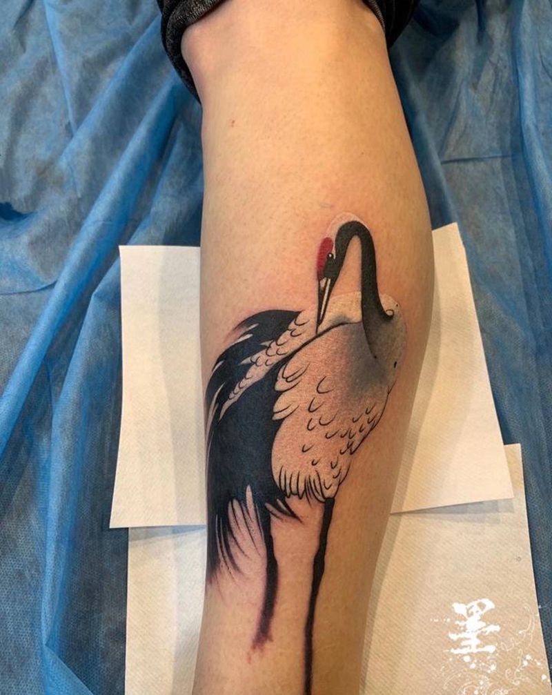 云鹤纹身图片_腿部脚部水墨水彩纹身图案