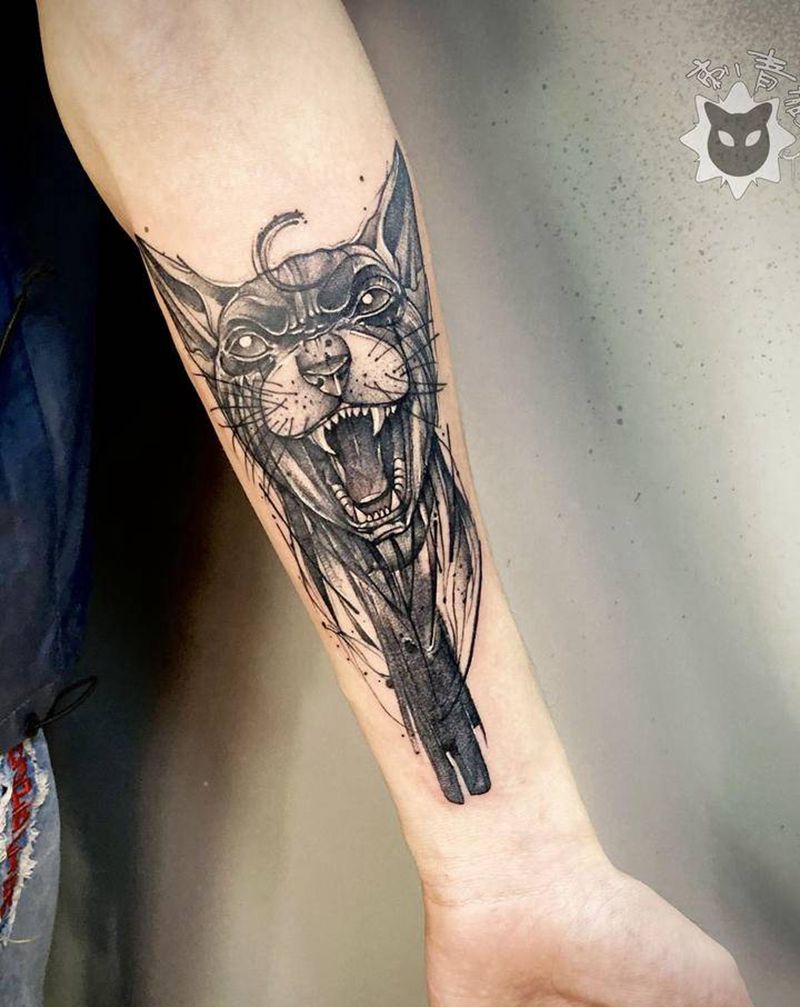 猫纹身图片_手臂手部点刺几何猫咪暗黑猫纹身图案