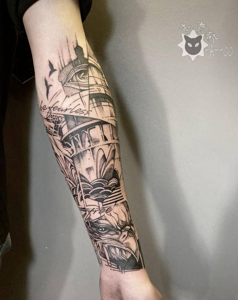 灯塔.鹰.纹身图片_手部手臂几何点刺鹰灯塔眼睛纹身图案