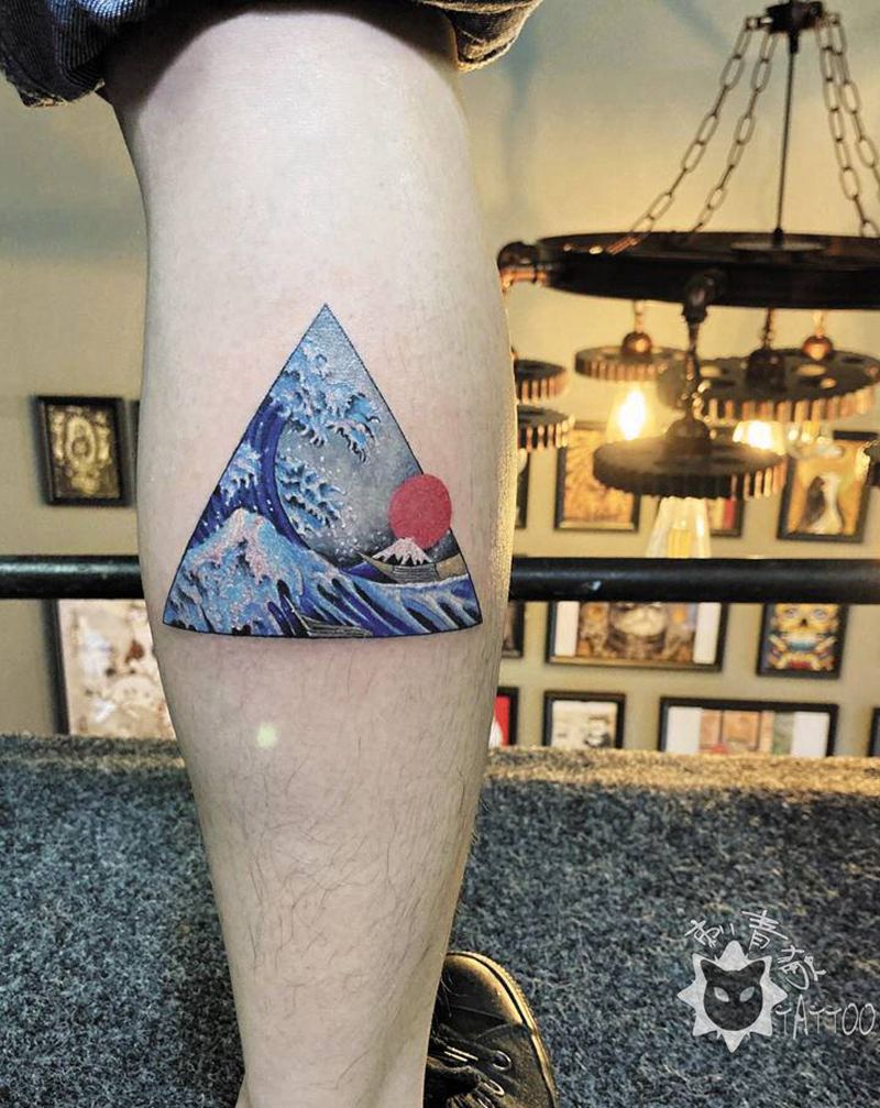 海浪纹身图片_腿部脚部新传统老传统浮世绘海浪富士山纹身图案