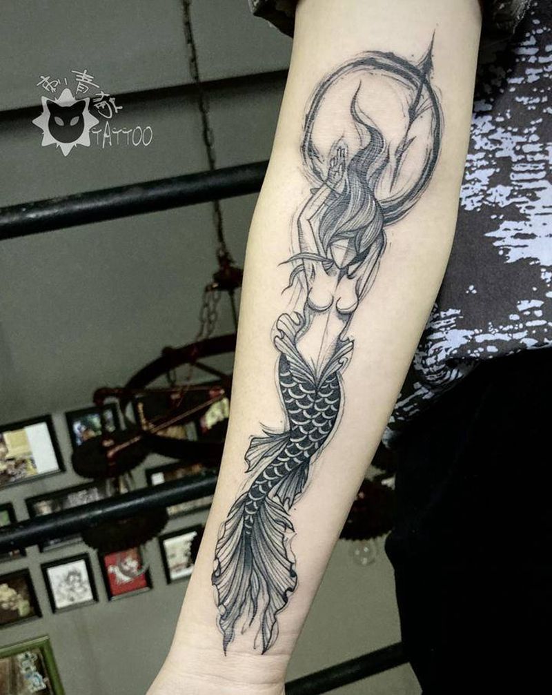 美人鱼纹身图片_手臂手部点刺几何美人鱼纹身图案